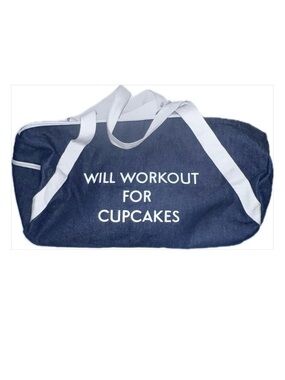 Duffel Bag  'Will Workout For Cupcakes' Graphic Print in White /Denim NWOT